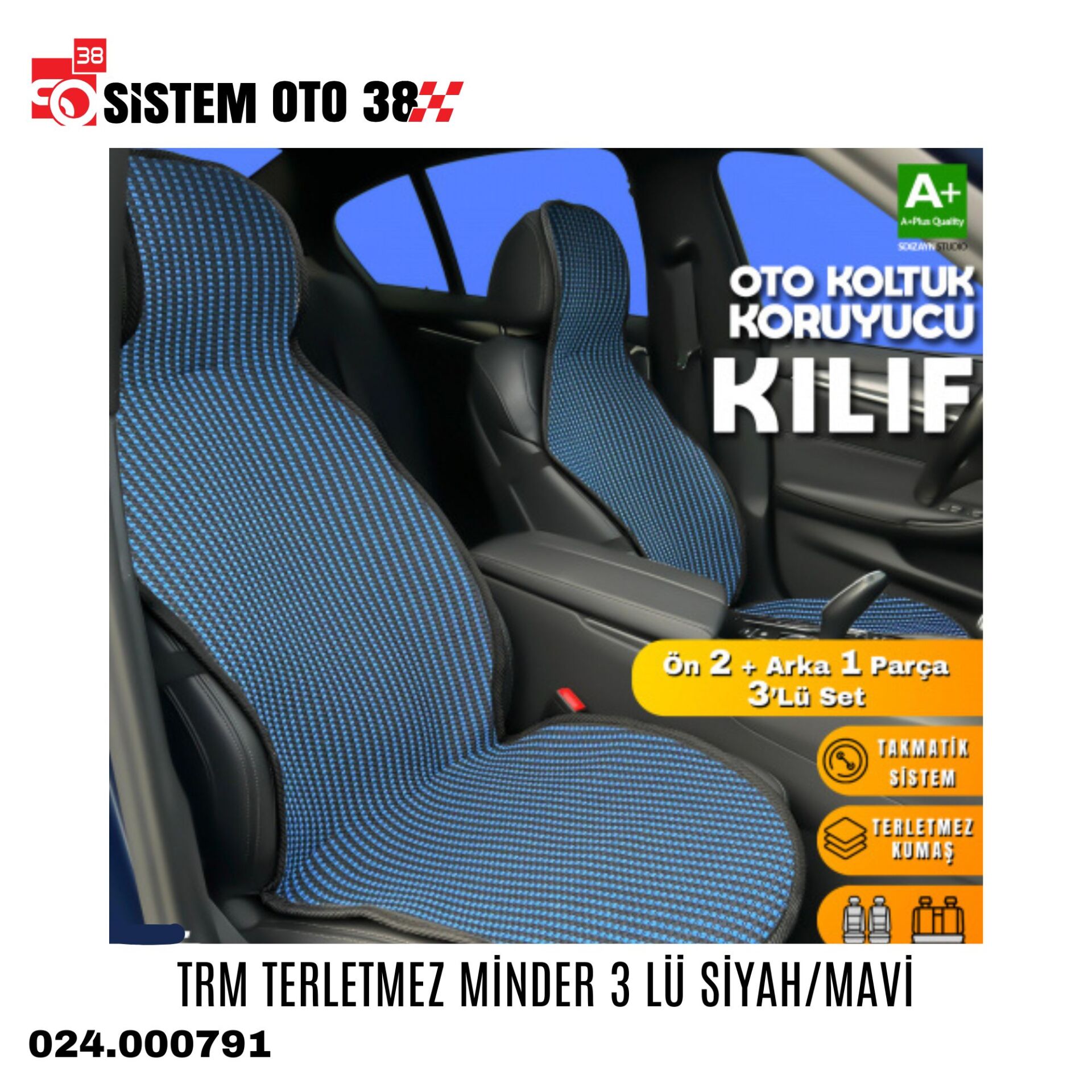 TRM TERLETMEZ MİNDER 3 LÜ SİYAH/MAVİ | | KOLTUK KILIF VE MİNDER