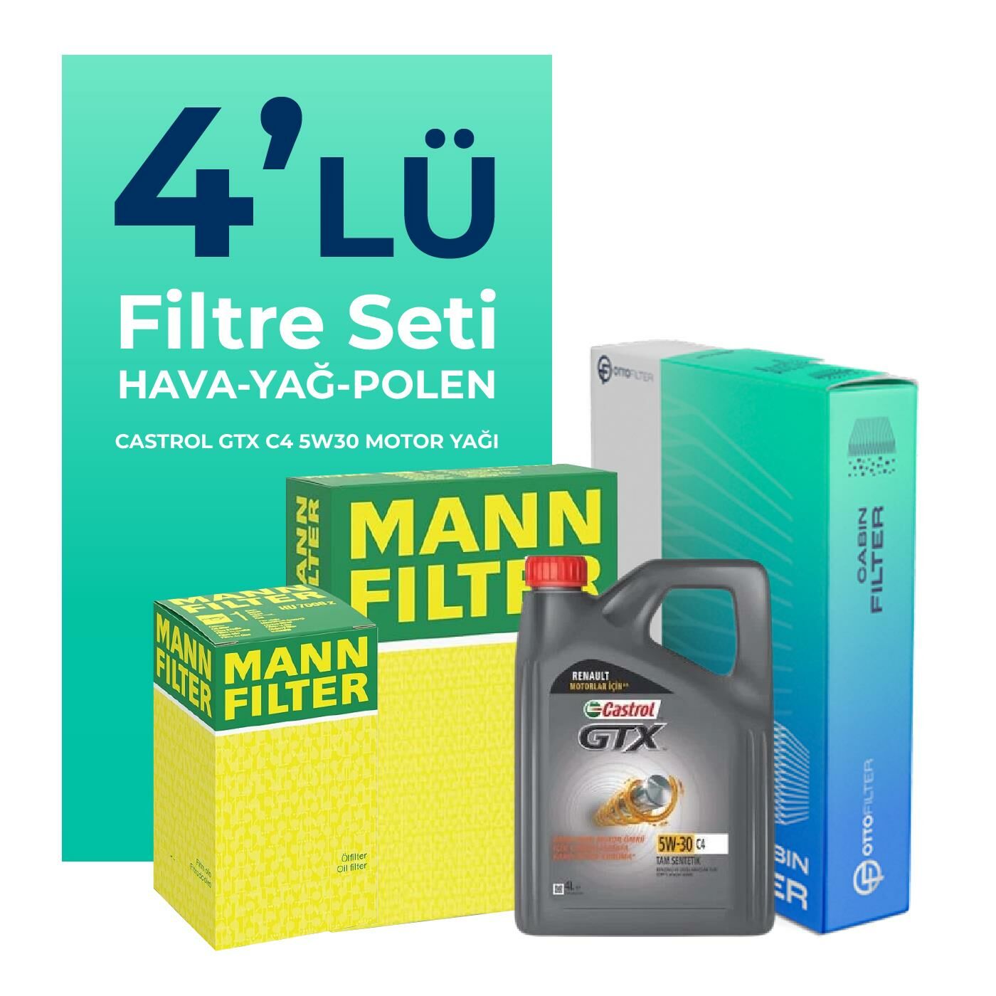 MANN Renault Express 1.5 Dizel Filtre Bakım Seti Castrol Motor Yağlı (2020-2025) 4 Lü