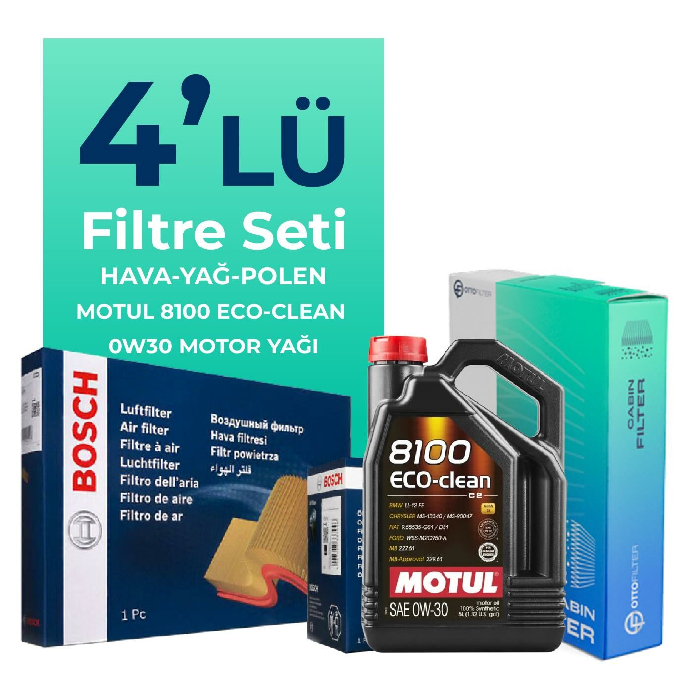 BOSCH Alfa Stelvio 2.0 Filtre Bakım Seti Motul Motor Yağlı (2017-2023) 4 Lü