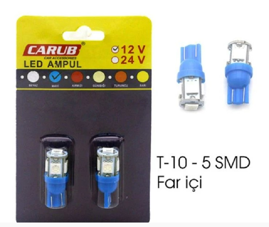 AMPUL LED 12V T-10 5LED SMD FARİÇİ MAVİ