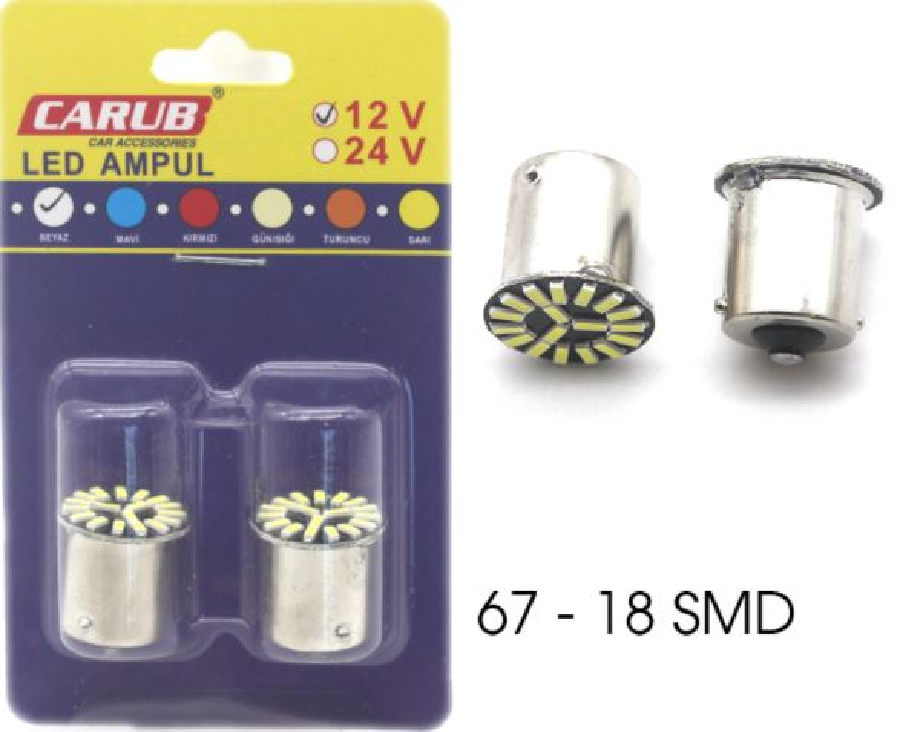 AMPUL>(2AD) LED 12V 67 TİP BEYAZ SMD 18 LEDLİ