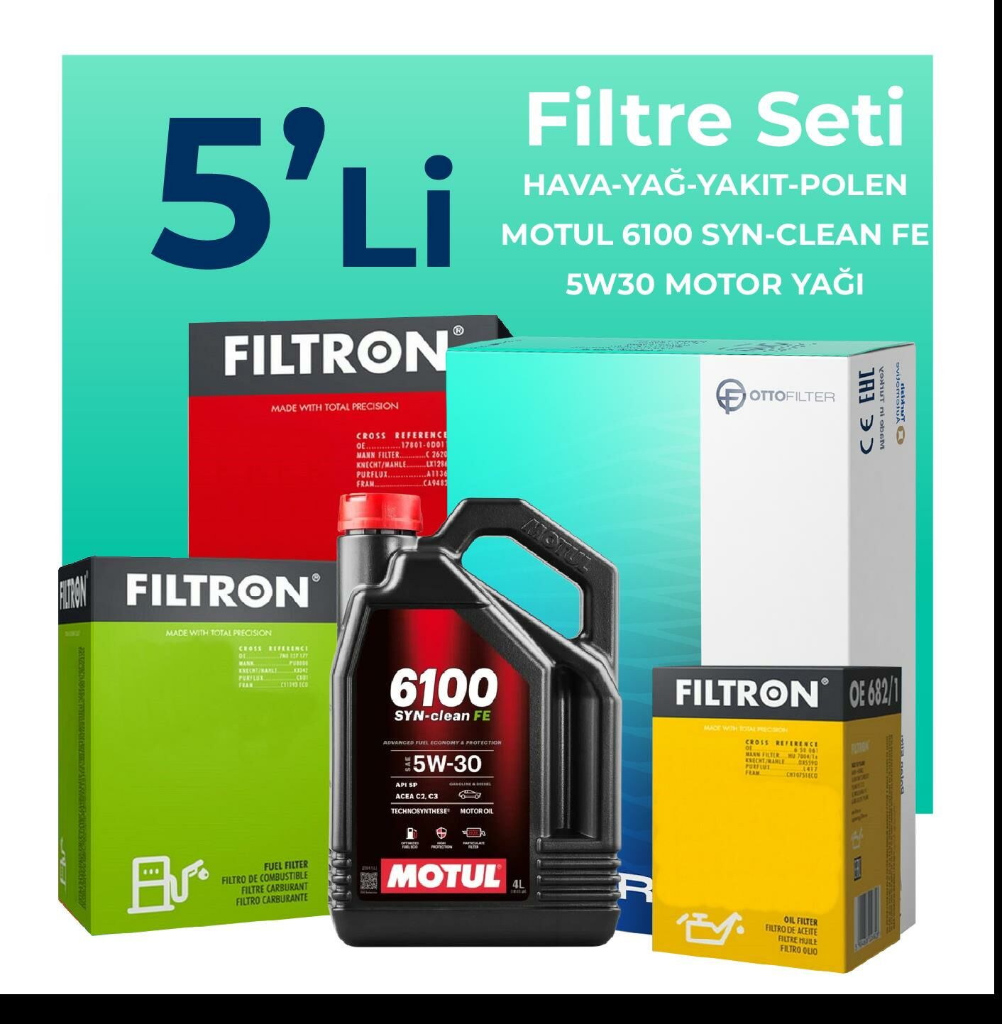 Filtron Alfa Mito 1.3 Dizel Filtre Bakım Seti Motul Motor Yağlı (2009-2018) 5 Li