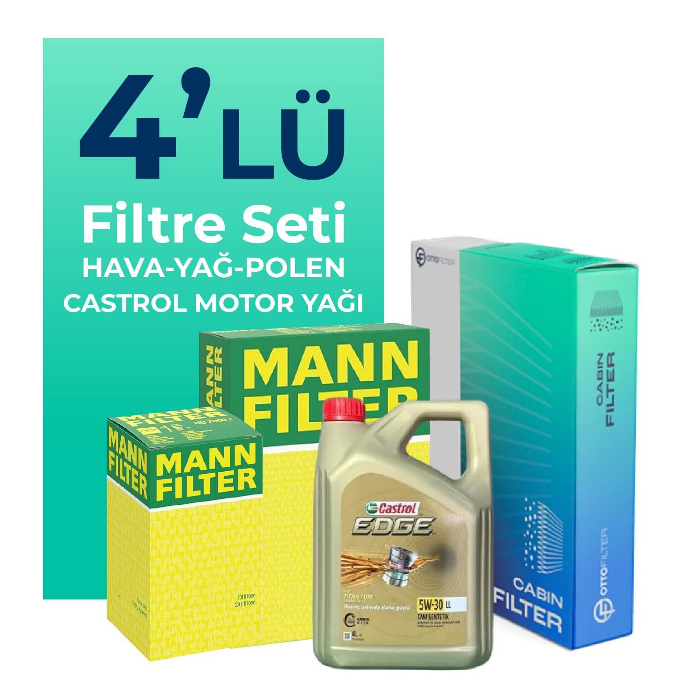 MANN Audi A1 1.6 Dizel Filtre Bakım Seti Castrol Motor Yağlı (2012-2018) 4 Lü