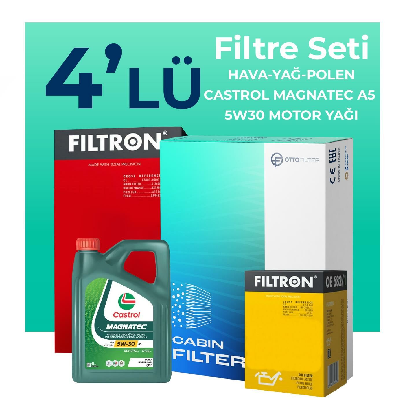 Filtron Volvo V60 1.6 Dizel Filtre Bakım Seti Castrol Motor Yağlı (2011-2015) 4 Lü