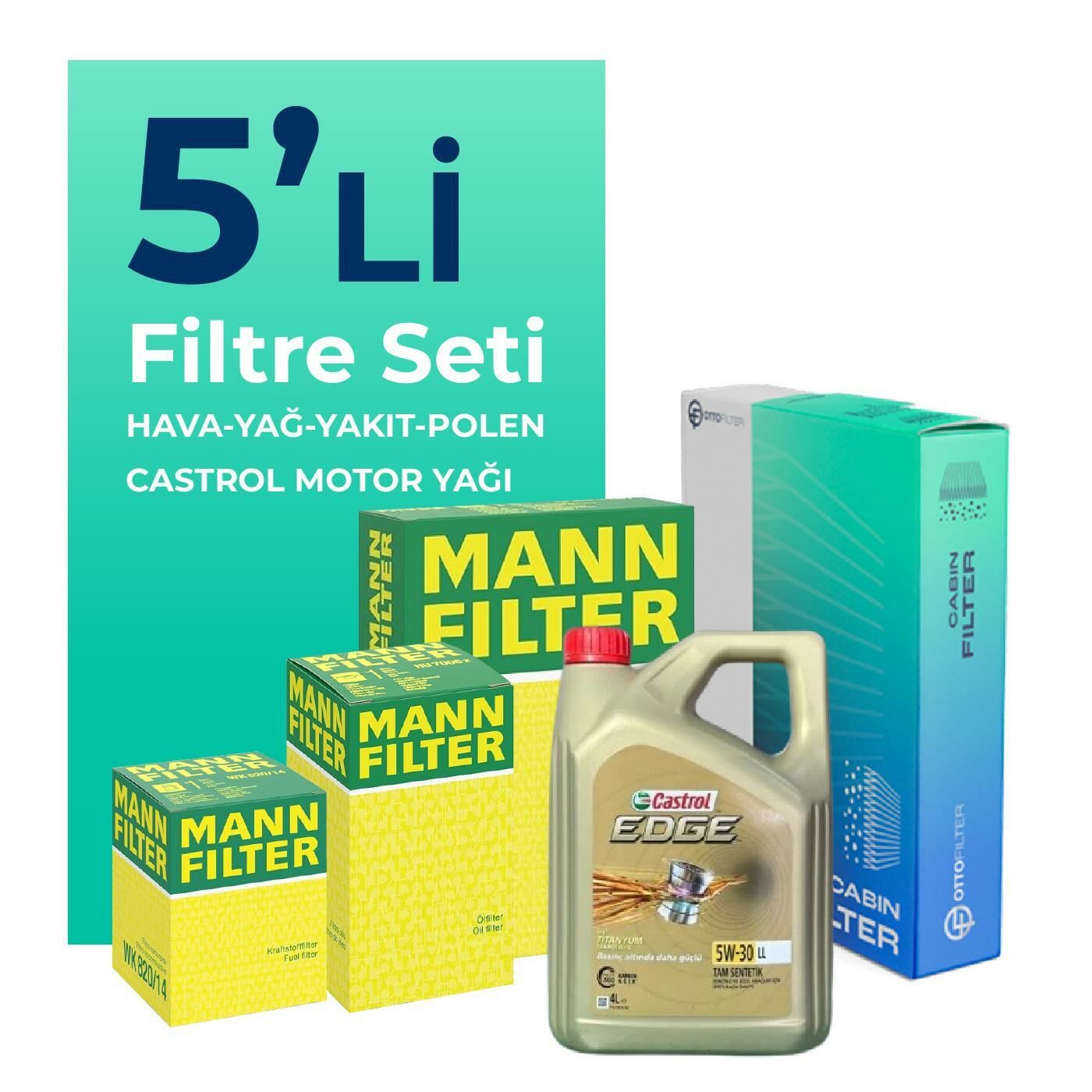MANN Audi A1 1.6 Dizel Filtre Bakım Seti Castrol Motor Yağlı (2010-2015) 5 Li