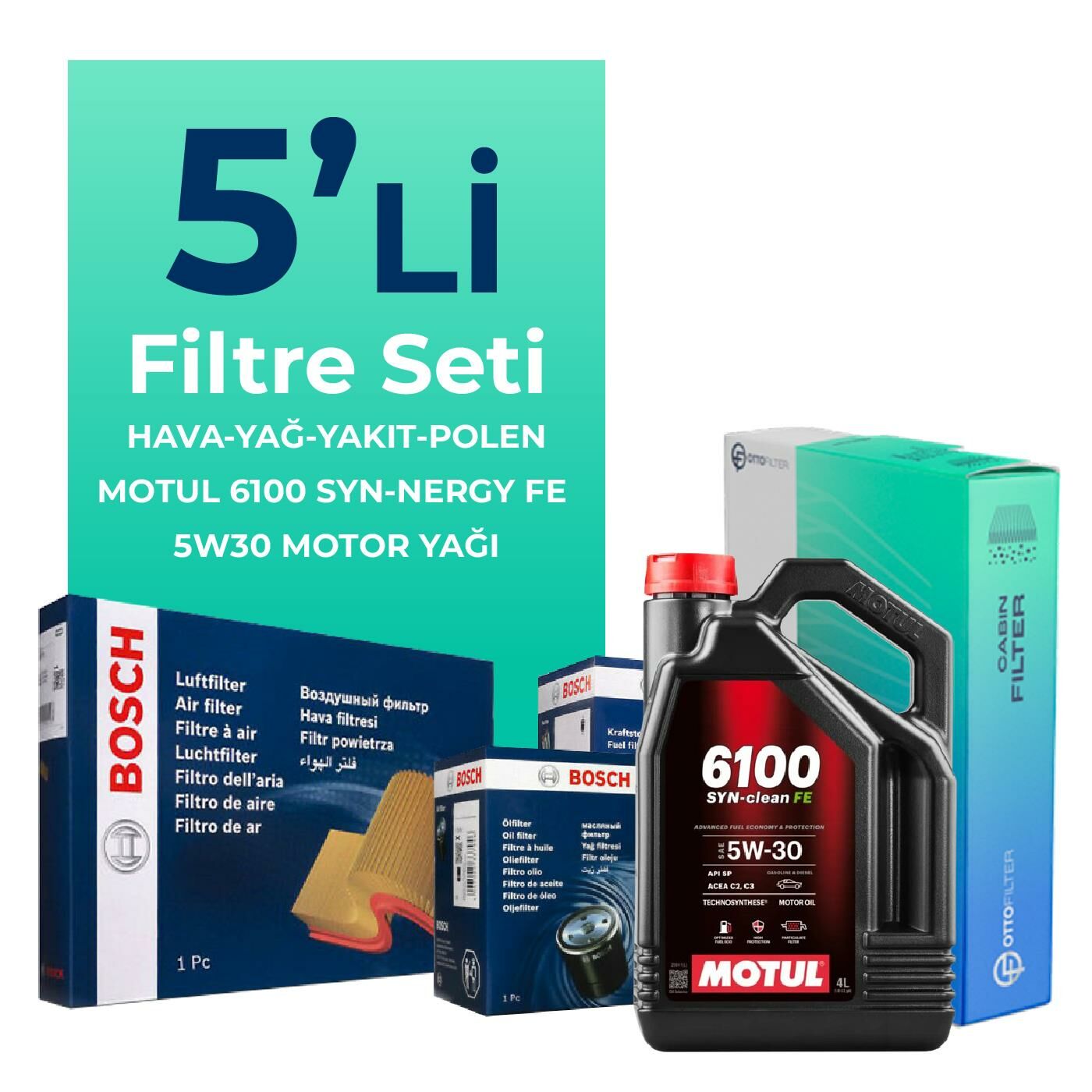 BOSCH Volvo V60 1.6 Dizel Filtre Bakım Seti Motul Motor Yağlı (2011-2015) 5 Li
