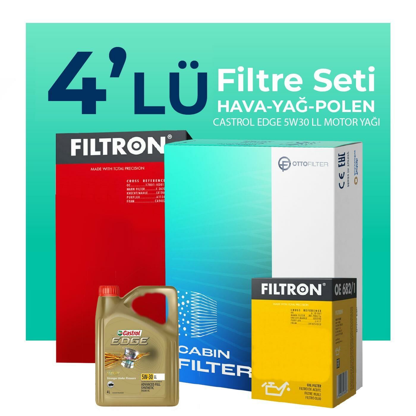 Filtron Audi A3 1.6 Filtre Bakım Seti Castrol Motor Yağlı (2003-2012) 4 Lü
