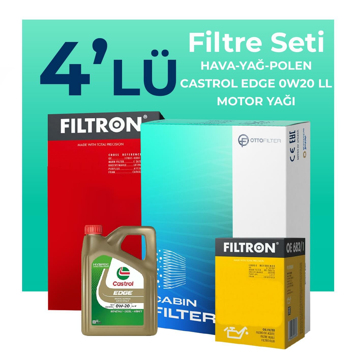 Filtron Volvo XC40 1.5 Benzin Filtre Bakım Seti Castrol Motor Yağlı (2018-2023) 4 Lü