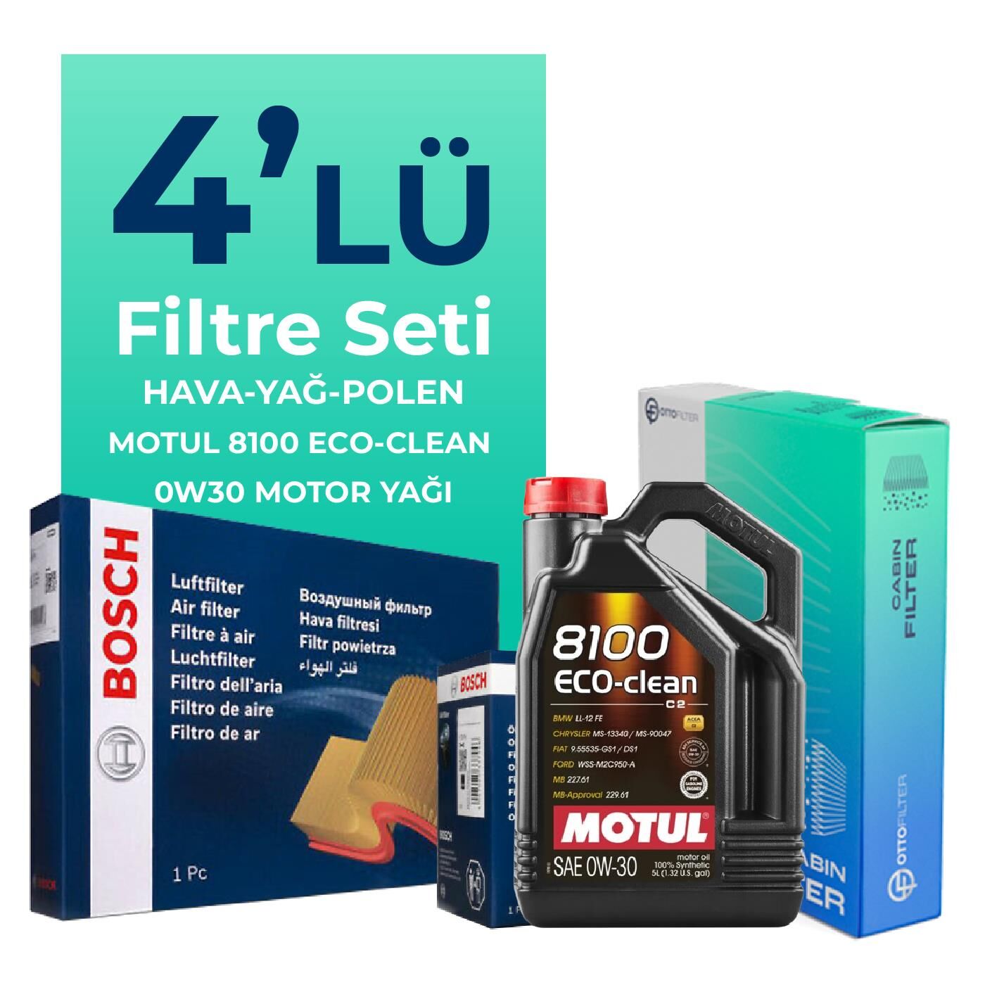BOSCH Fiat 500X 1.3 Benzinli Filtre Bakım Seti Motul Motor Yağlı (2019-2023) 4 Lü