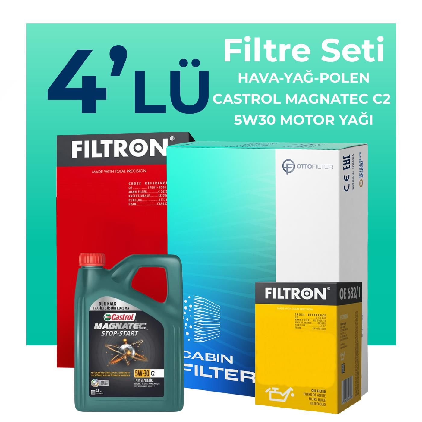 Filtron Volvo XC60 2.0 Dizel Filtre Bakım Seti Castrol Motor Yağlı (2011-2014) 4 Lü