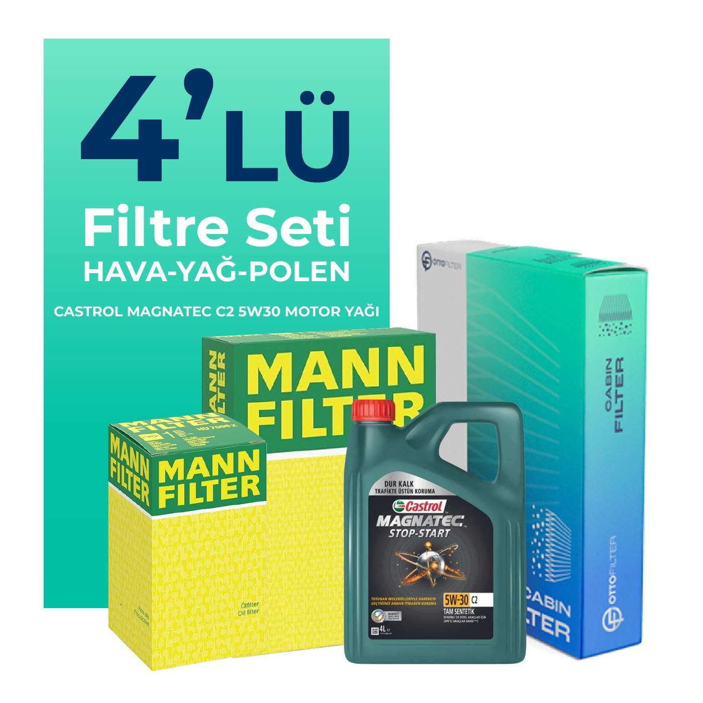 MANN Volvo XC60 2.0 Benzin Filtre Bakım Seti Castrol Motor Yağlı (2010-2012) 4 Lü
