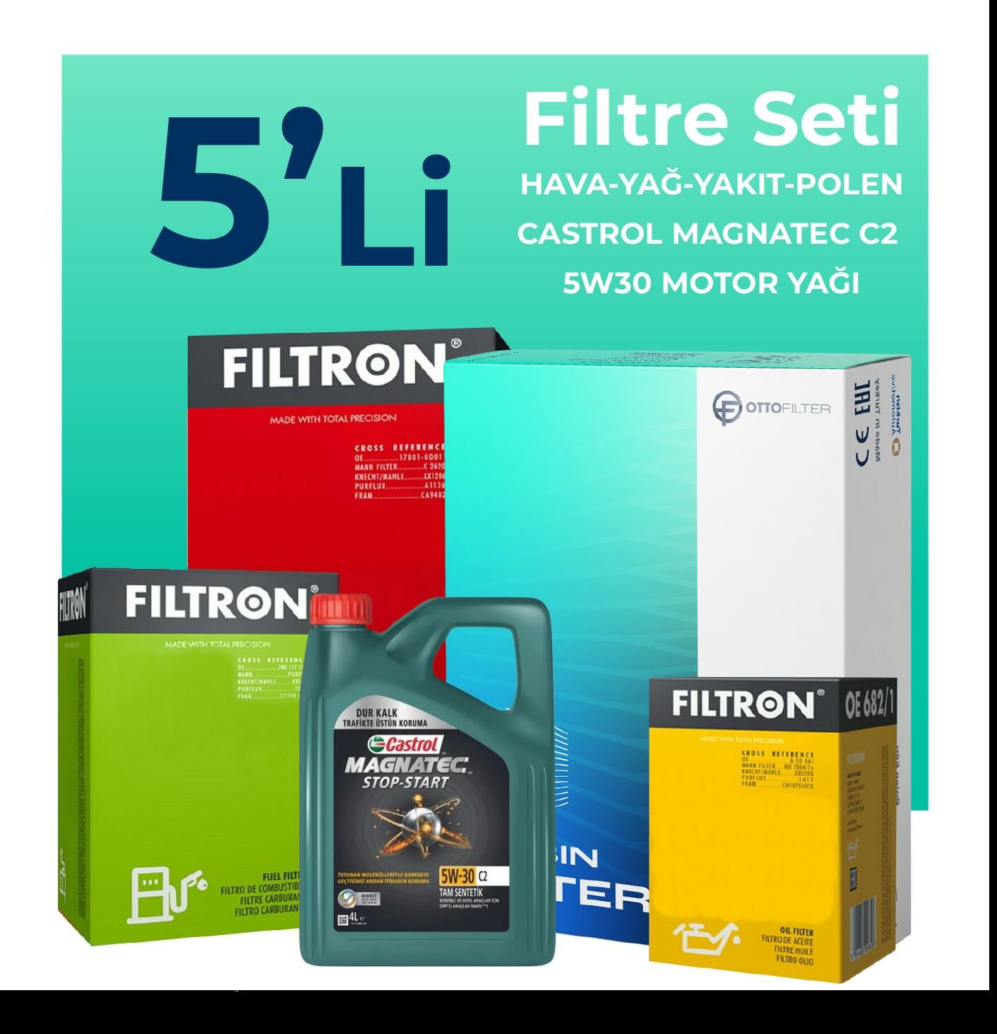 Filtron Volvo XC60 2.4 Dizel Filtre Bakım Seti Castrol Motor Yağlı (2009-2014) 5 Li