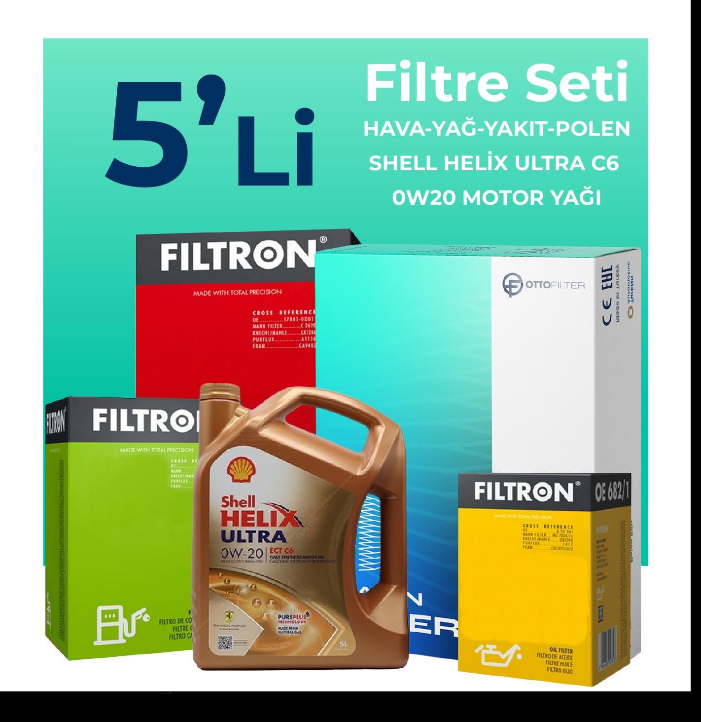 Filtron Volvo XC60 2.0 Dizel Filtre Bakım Seti Shell Motor Yağlı (2013-2017) 5 Li
