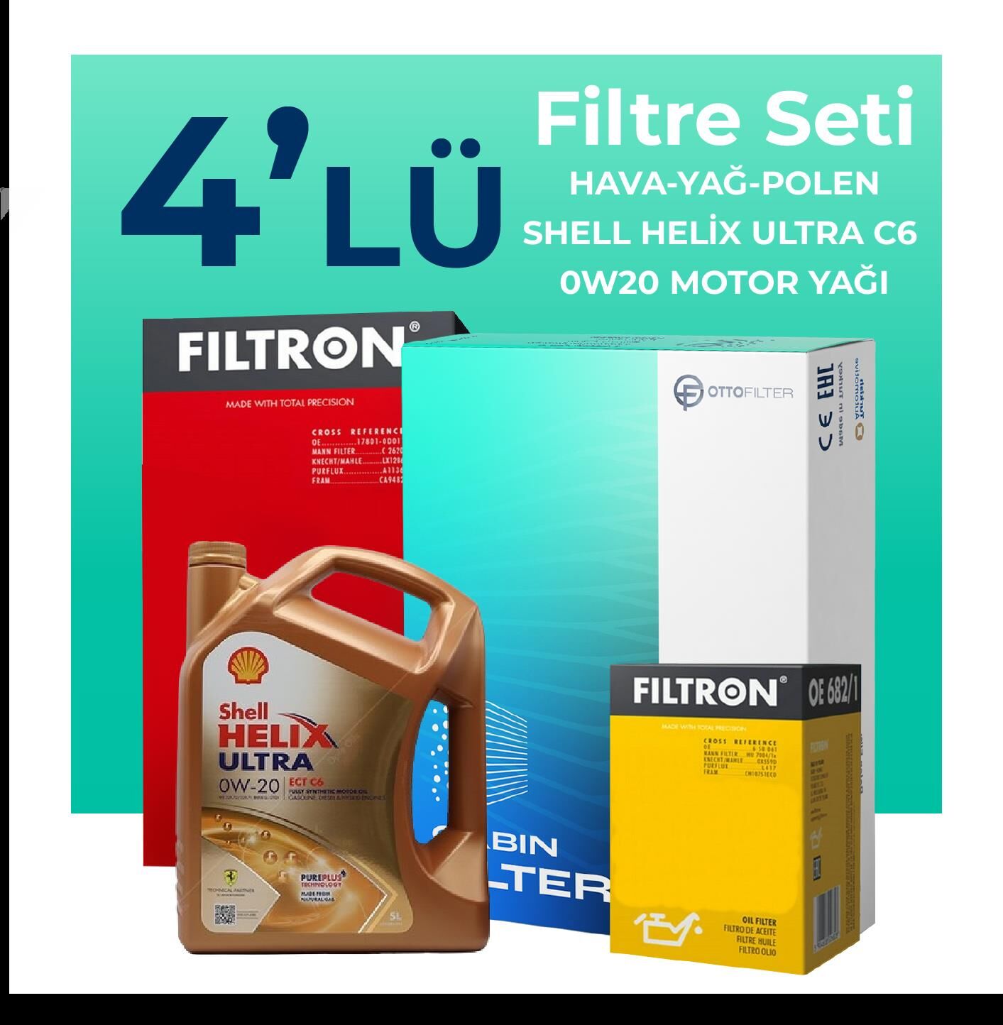 Filtron Volvo XC90 2.0 Dizel B5 Filtre Bakım Seti Shell Motor Yağlı (2019-2024) 4 Lü