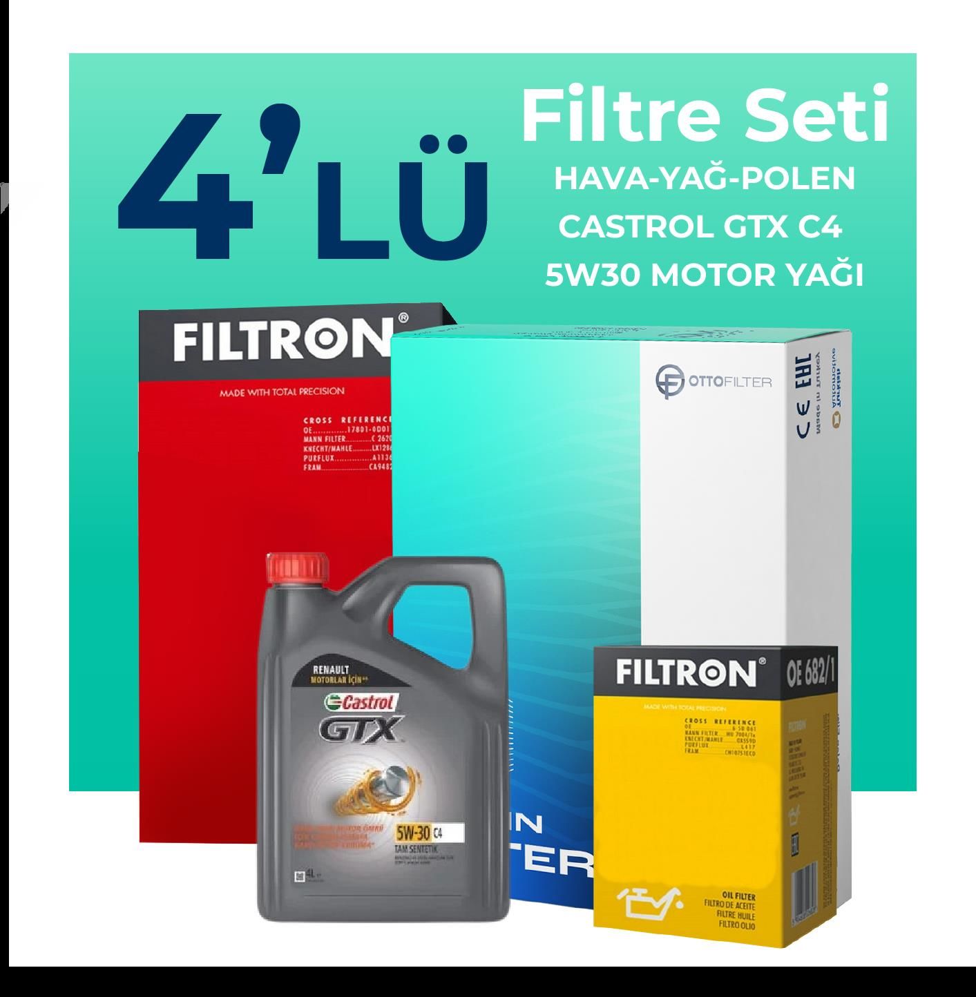 Filtron Renault Talisman 1.6 Dizel Filtre Bakım Seti Castrol Motor Yağlı (2015-2018) 4 Lü