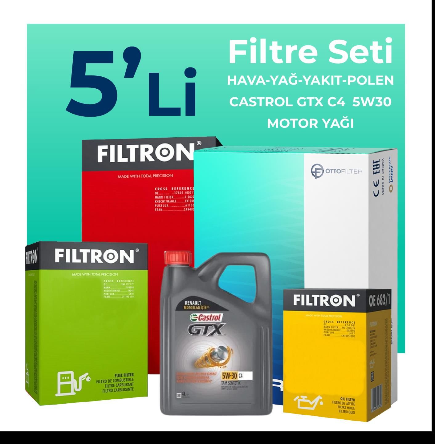 Filtron Renault Talisman 1.6 Dizel Filtre Bakım Seti Castrol Motor Yağlı (2015-2018) 5 Li