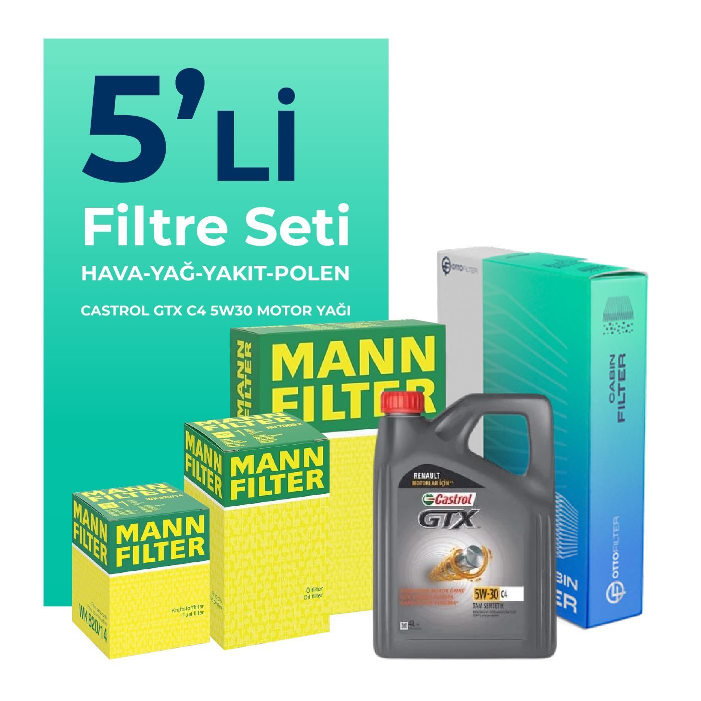 MANN Renault Trafic 1.6 Dizel Filtre Bakım Seti Castrol Motor Yağlı (2014-2019) 5 Li
