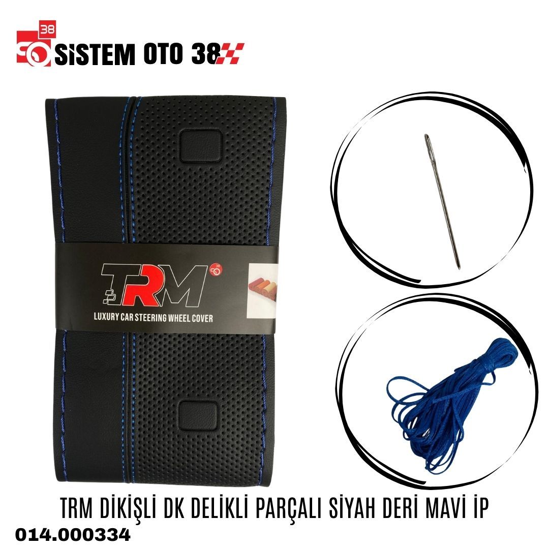 TRM DİKİŞLİ DK DELİKLİ PARÇALI SİYAH DERİ MAVİ İP | | DİREKSİYON KILIFLARI