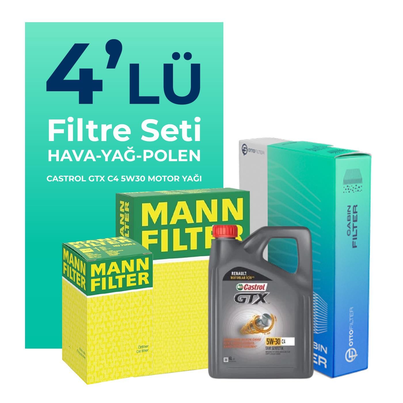 MANN Renault Taliant 1.0 Benzin TCe Filtre Bakım Seti Castrol Motor Yağlı (2021-2024) 4 Lü