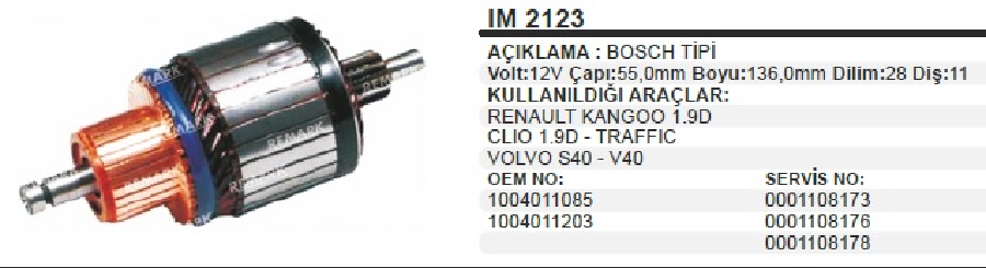 MARŞ KOLL. BOSCH TİP 12V.RENAULT CLİO KANGOO 1,9 D TRAFFİC VOLVO S40,V40 28 DİLİM 11 DİŞ ÇAP 54,7 mm