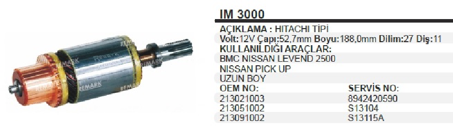 MARŞ KOLL. HITACHI TIPI 12V BMC-NISSAN-LEVENT 2.5 D. /NISSAN PICK UP (UZUN) BOY:188 CAP:52,7 DIS:11