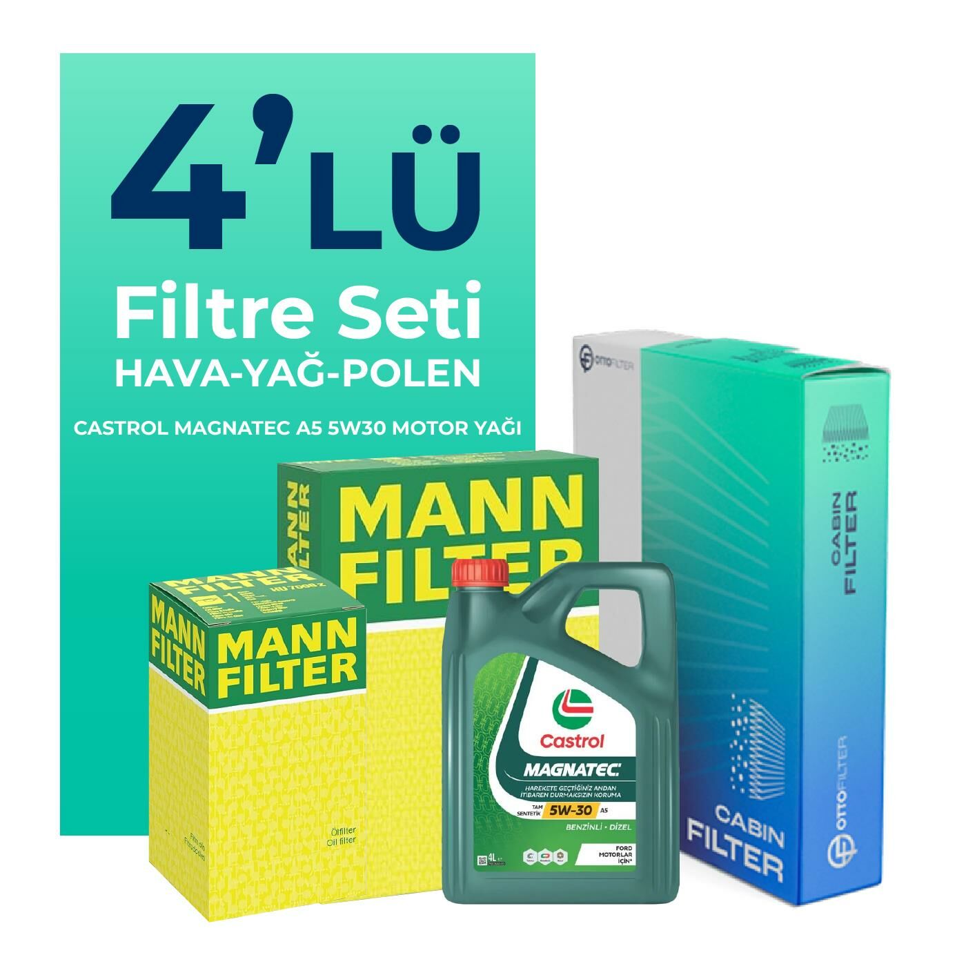 MANN Seat İbiza 1.4 Benzin Filtre Bakım Seti Castrol Motor Yağlı (2002-2008) 4 Lü