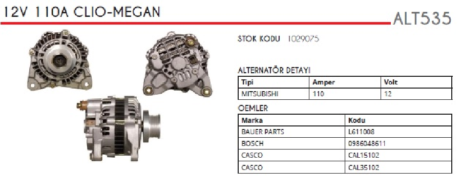 ALTER.  12V 110A MİT. TİPİ CLIO II 1,5DCİ-KANGO 1.5DCİ-MICRA 1,5 5 KANALLI KAVÇUKLU KASNAK ÇİFT SOKE
