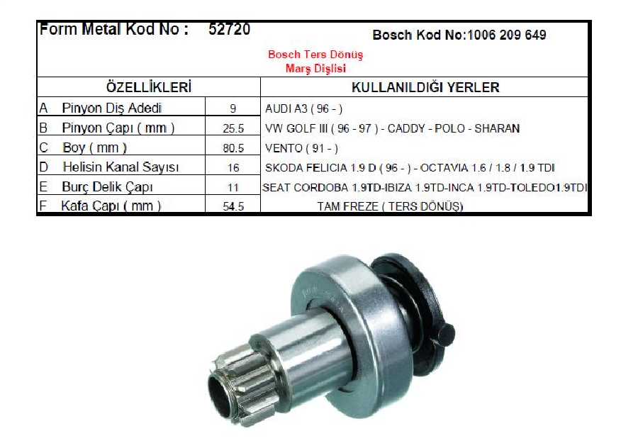 MARŞ DİŞLİSİ 9D BOSCH TİPİ DELİK ÇAPI:11mm KANAL:16 GOLF-PASSAT/FELICIA/AUDI A3/OCTAVIA 1.6/REN.ESPACE,LAGUNA,SAFRANE/ CORD0BA-IBIZA-TOLEDO/AUDİ TERS DÖNÜŞ CCW
