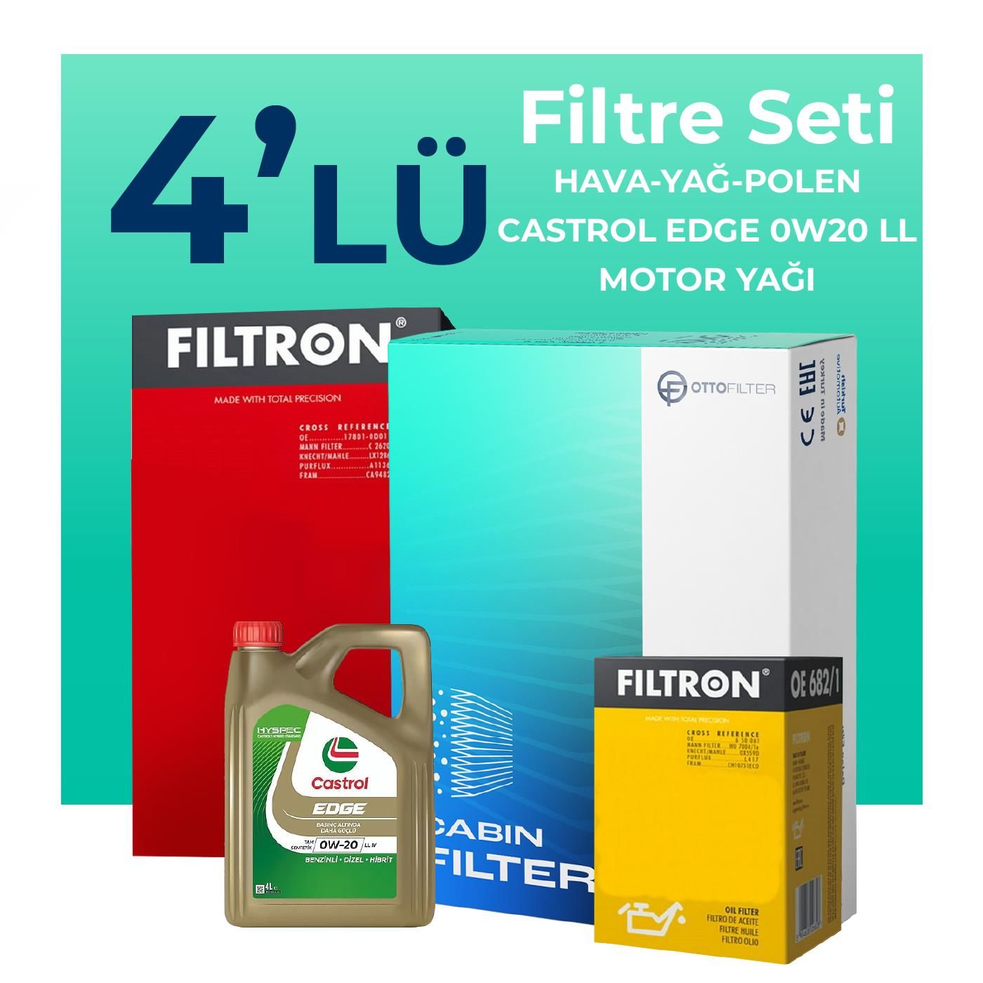 Filtron Volkswagen Caddy 2.0 Dizel Filtre Bakım Seti Castrol Motor Yağlı (2020-2025) 4 Lü