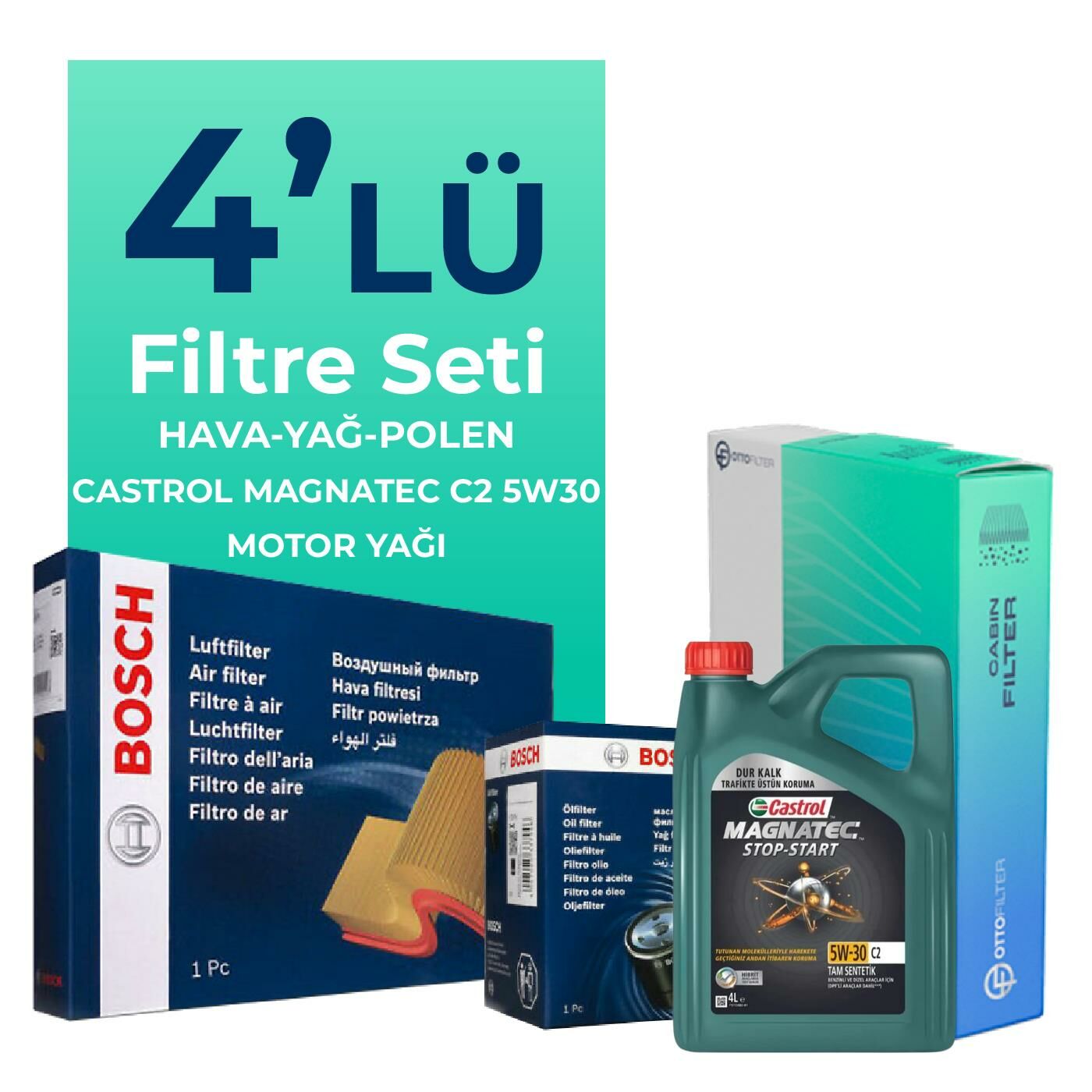 BOSCH Citroen C4 1.4 Benzinli Filtre Bakım Seti Castrol Motor Yağlı (2010-2016) 4 Lü