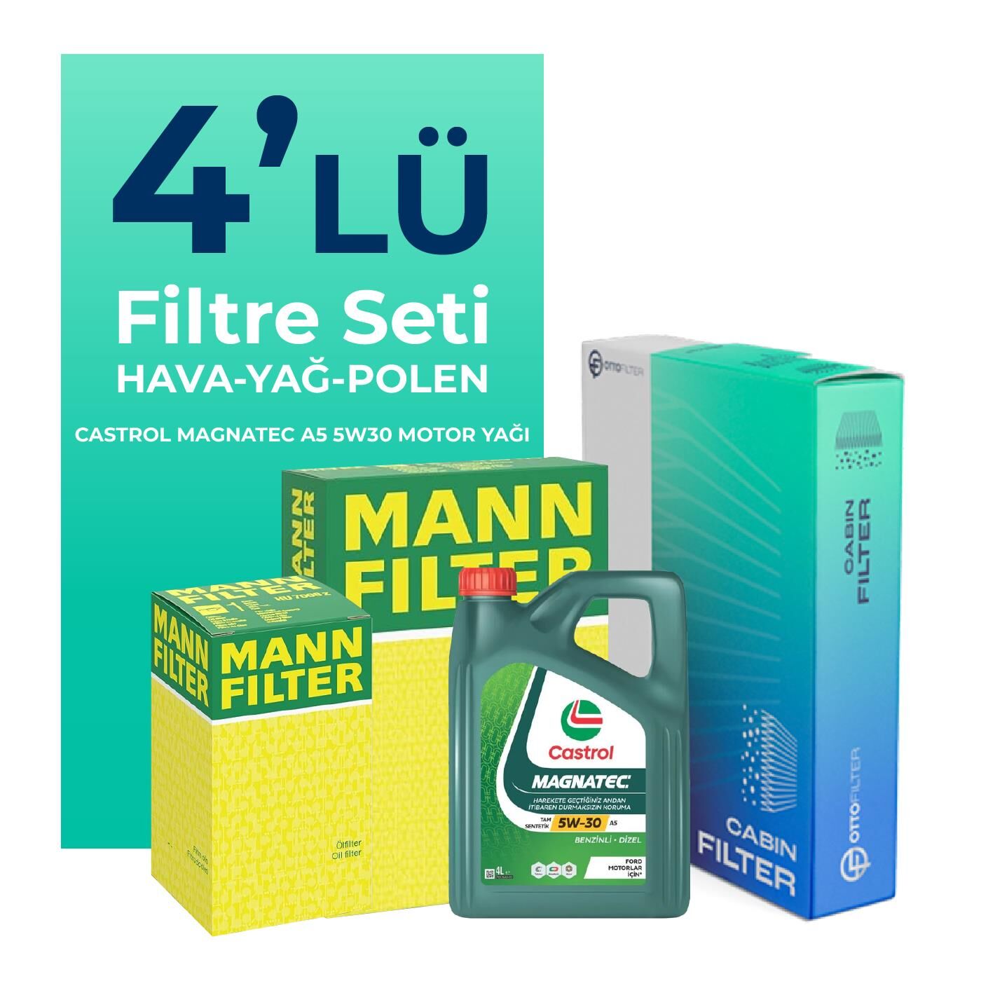 MANN Chevrolet Aveo / Kalos 1.2 Filtre Bakım Seti Castrol Motor Yağlı (2005-2009) 4 Lü