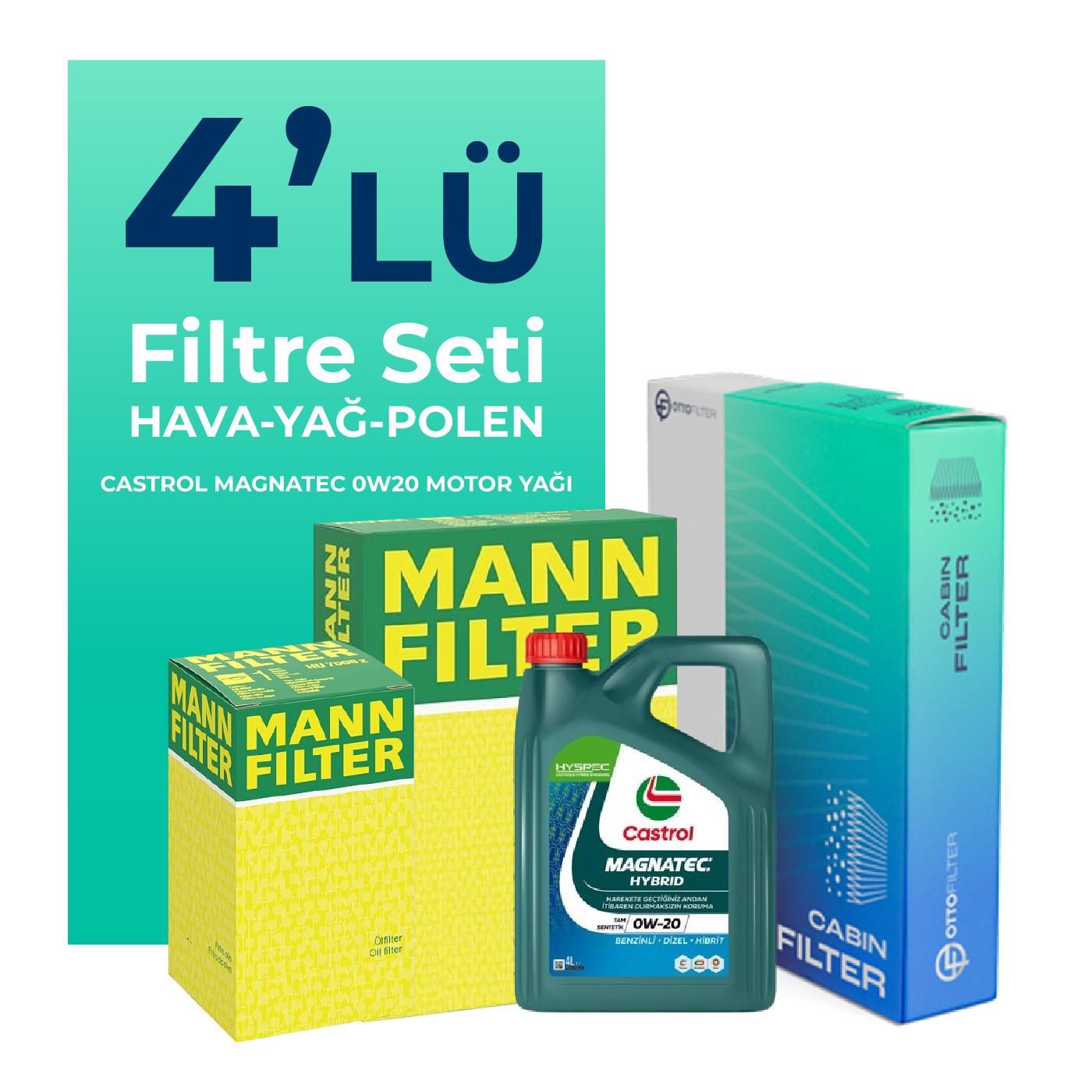 MANN Toyota Yaris 1.5 Benzin Filtre Bakım Seti Castrol Motor Yağlı (2020-2023) 4 Lü