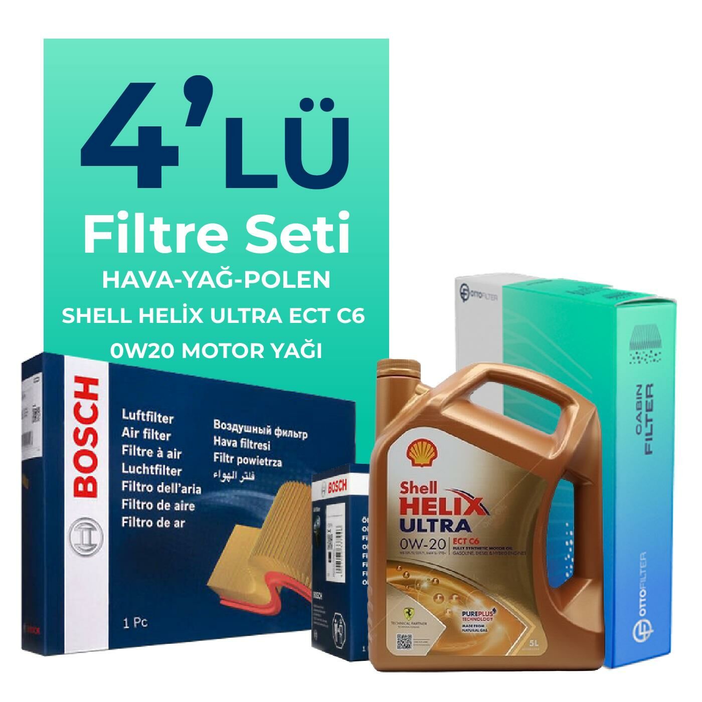Bosch Toyota Yaris 1.5 Hybrid Filtre Bakım Seti Shell Motor Yağlı (2020-2024) 4 Lü