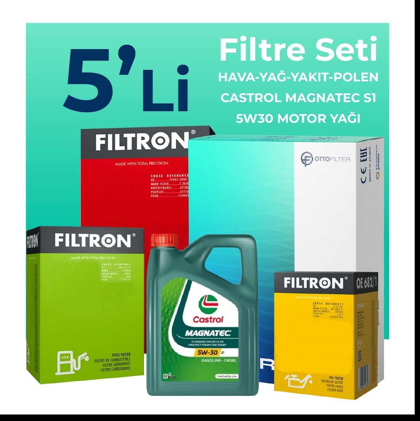 Filtron Chevrolet Aveo / Kalos 1.3 Dizel Filtre Bakım Seti Castrol Motor Yağlı (2011-2015) 5 Li