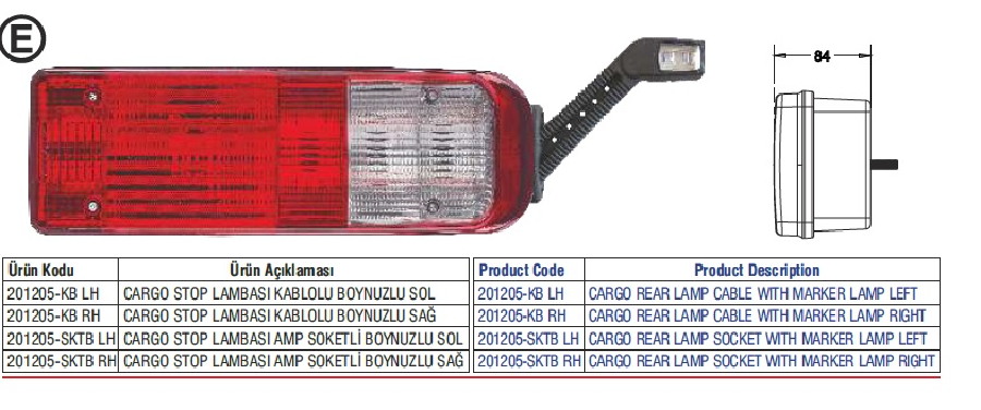FORD CARGO YM UNİVERSAL DORSE STOP LAMBASI KABLOLU BOYNUZLU SOL