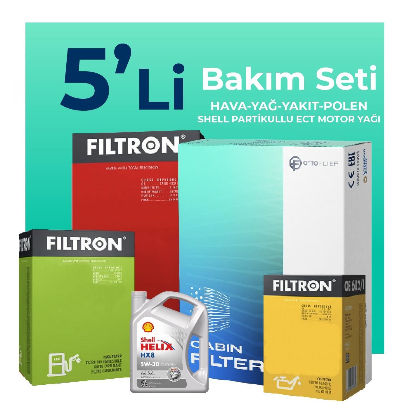 Filtron Audi A1 1.6 Dizel Filtre Bakım Seti Shell Motor Yağlı (2014-2018) 5 Li