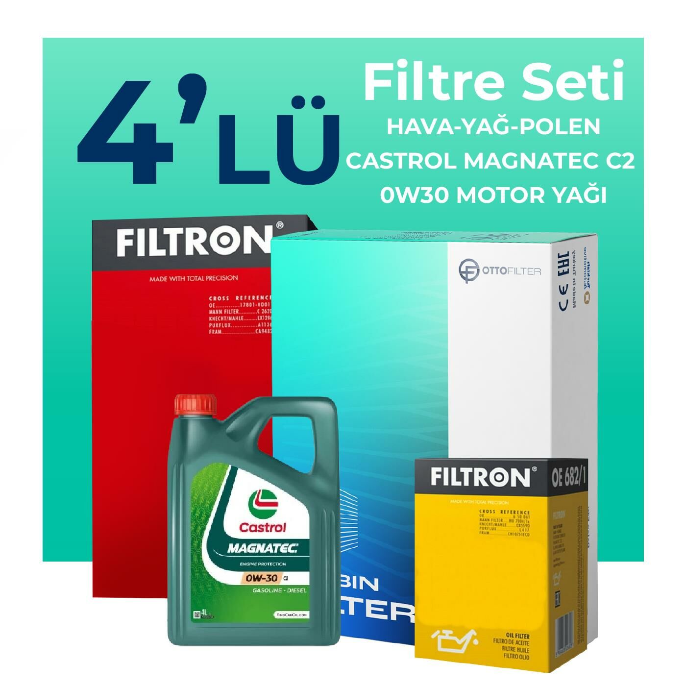 Filtron Citroen DS9 1.6 Benzin Filtre Bakım Seti Castrol Motor Yağlı (2021-2024) 4 Lü