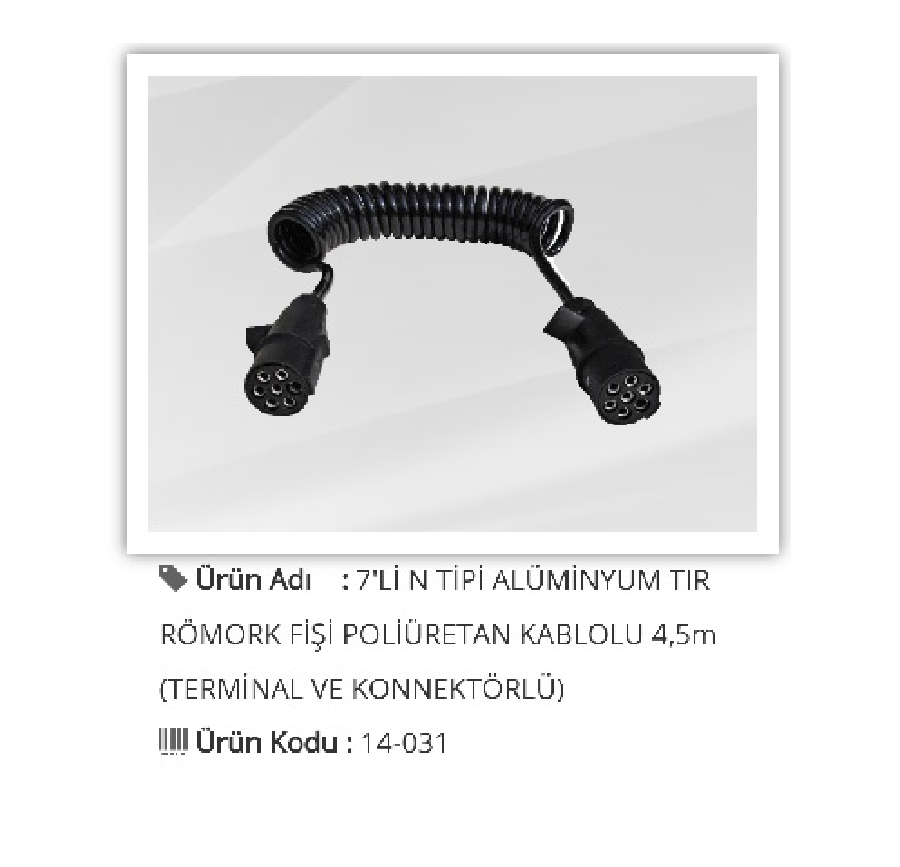 RÖMORK FİŞİ 7'Lİ PLASTİK N TİPİ  POLİÜRETAN KABLOLU 5,5 METRE SİYAH (MAVİ) (TERMİNALLİ ve KONNEKTÖRLÜ)