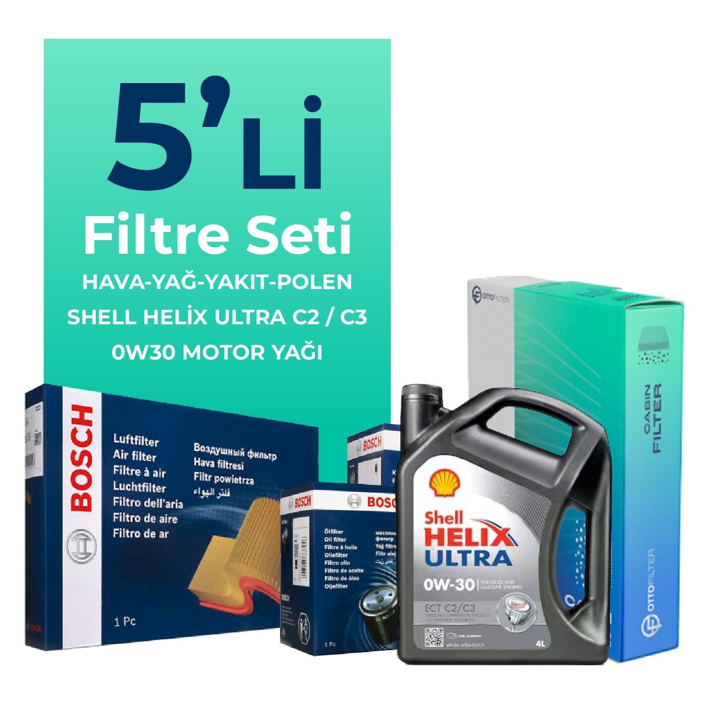 Bosch Audi Q7 50 Dizel Filtre Bakım Seti Shell Motor Yağlı (2019-2024) 5 Li