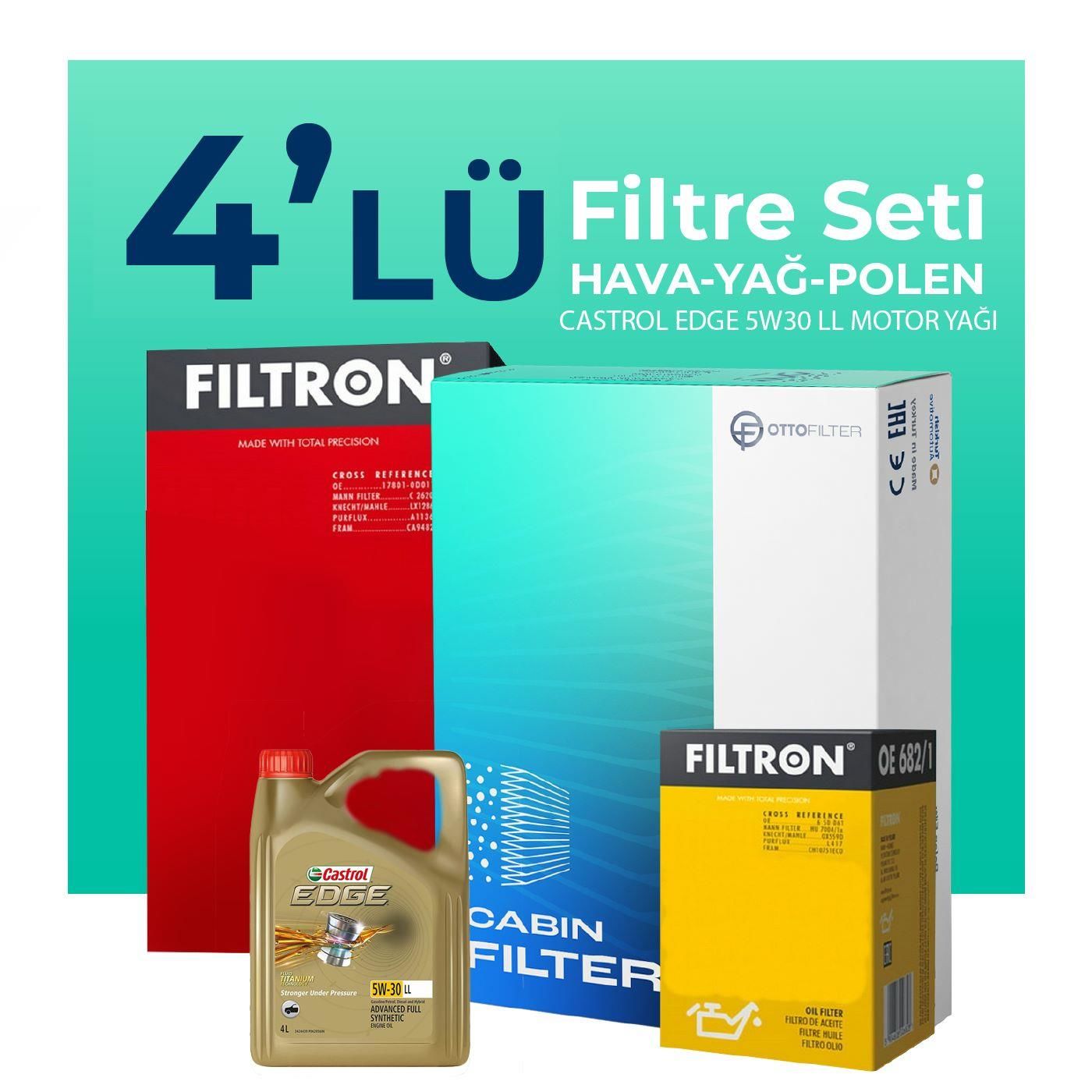 Filtron Audi A3 1.6 Dizel Filtre Bakım Seti Castrol Motor Yağlı (2009-2012) 4 Lü