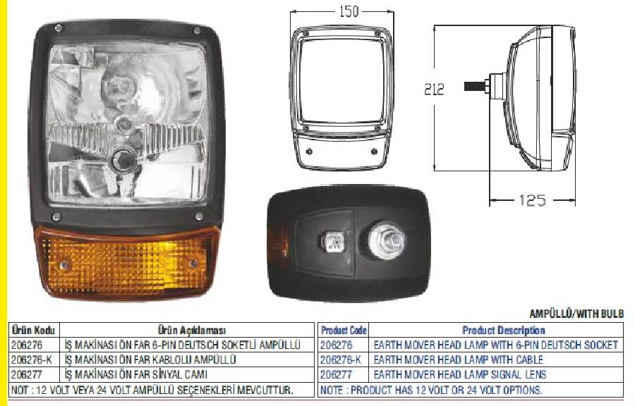 İŞ MAKİNASI ÖN FAR KABLOLU AMPULLÜ 24V