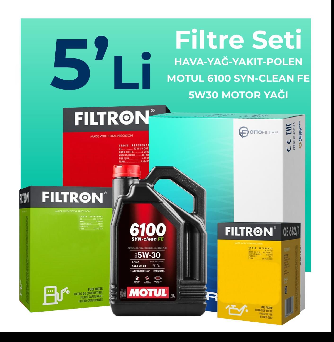 Filtron Volvo XC60 2.4 Dizel Filtre Bakım Seti Motul Motor Yağlı (2009-2014) 5 Li