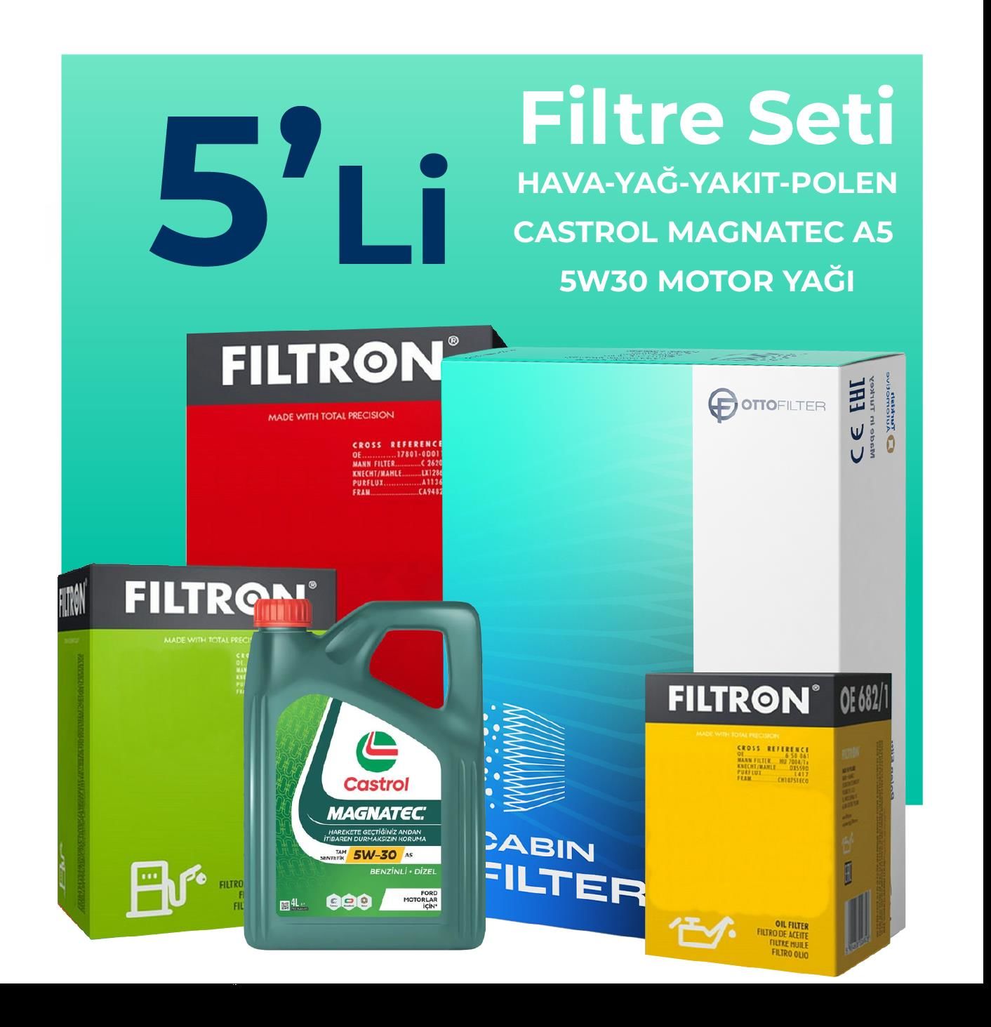 Filtron Volkswagen Polo 1.4 Dizel Filtre Bakım Seti Castrol Motor Yağlı (2001-2009) 5 Li