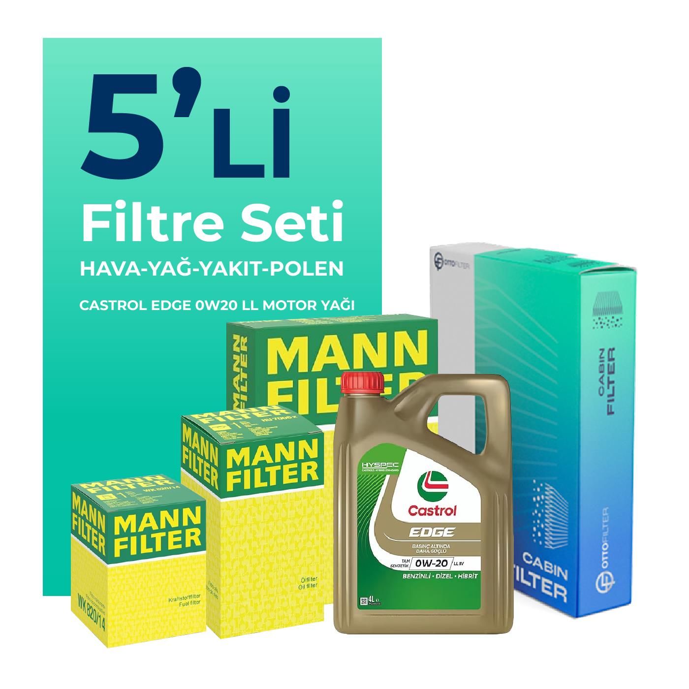 MANN Volvo XC60 2.0 Dizel Filtre Bakım Seti Castrol Motor Yağlı (2013-2017) 5 Li