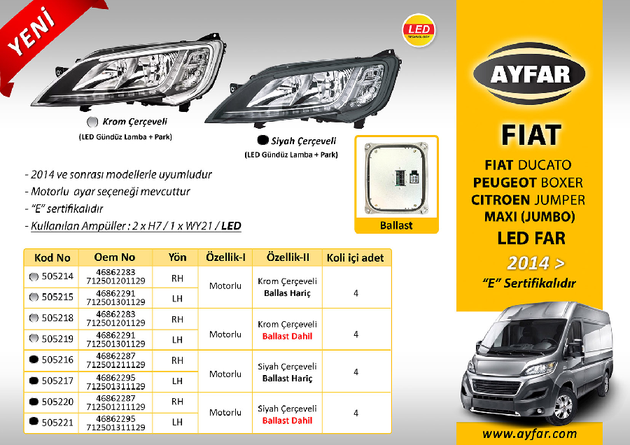 F.DUCATO MAXI /P.BOXER / C.JUMPER ( 2014› ) LED (BALLAST HARİÇ) FAR MOTORLU SOL  - SİYAH ÇERÇEVELİ