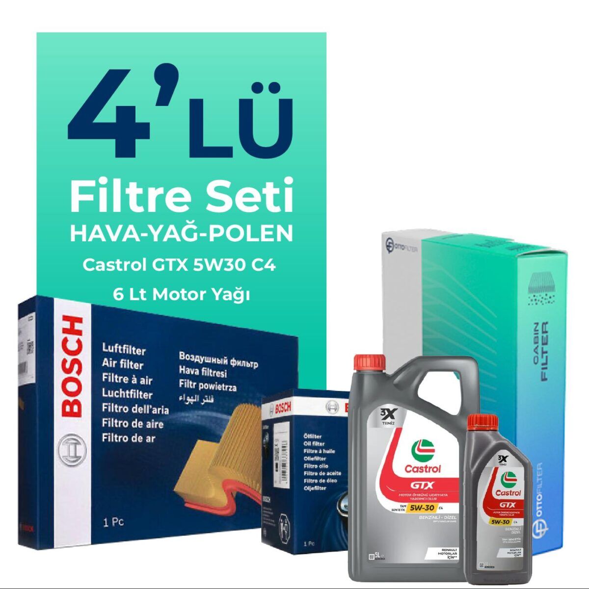 Jaguar XF 2.0 Benzinli Filtre Bakım Seti Castrol Motor Yağlı (2010-2015) 4 Lü