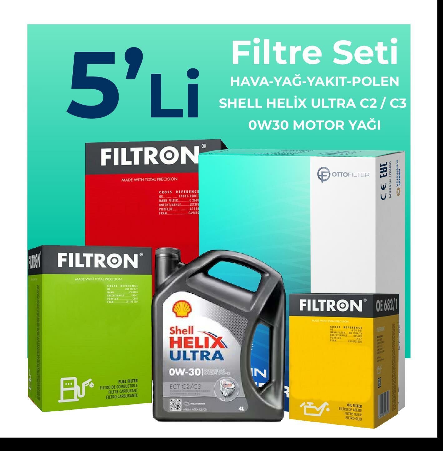 Filtron Audi A4 40 TDi Filtre Bakım Seti Shell Motor Yağlı (2020-2024) 5 Li