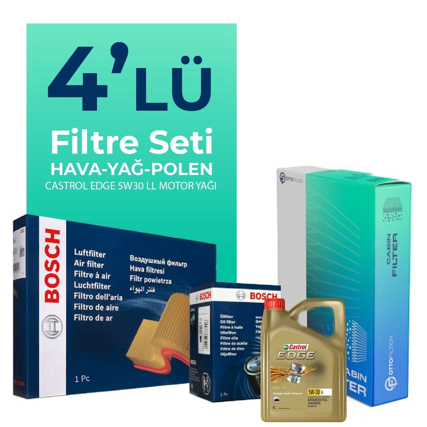 Bosch Audi A5 2.0 Dizel Filtre Bakım Seti Castrol Motor Yağlı (2008-2017) 4 Lü