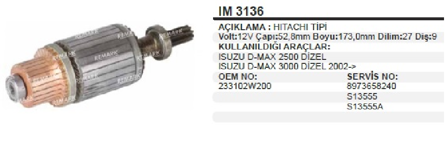 MARŞ KOLL. HITACHI TİP 12V ISUZU D.MAX PICK UP 2.5-3.0 27 DİLİM 9 DİŞ ÇAP 52,80 mm UZUNLUK 173 mm IM